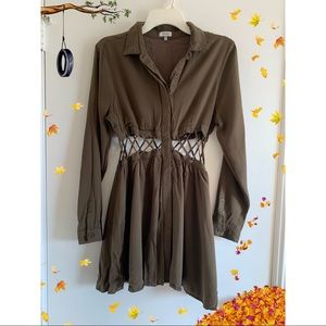 Olive green cage waist button down dress